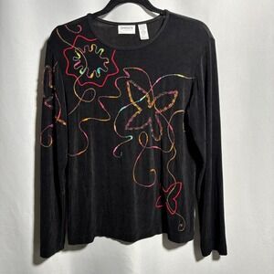 Chicos Travelers Black Long Sleeve Top Rainbow Floral‎ Art to Wear Boho Artsy 12